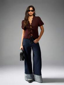 MISSGUIDED Blusa con borde festoneado y nudo delantero, manga corta abullonada, estilo victoriano, cuello cuadrado, uso casual o de noche, estilo bohemio para otoño e invierno - Café integral - Ver 3