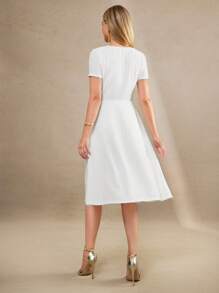 Amorya V 领珍珠纽扣纹理面料收腰女式连衣裙，适合春秋夏季校服女士办公室服装教师服装女士夏季连衣裙婚礼宾客服装女士度假服装女士生日服装