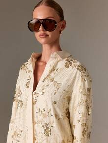 AiiRZ Elegant Sequin Floral Button Down Shirt Oversized Evening Party Wedding Guest Special Occasion Holiday New Year Celebration Festive Long Sleeve Blouse - Navy Blue - View 4