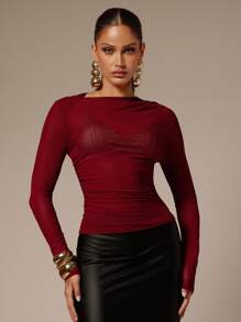 Silquee Women's Fashionable Sexy Solid Color Sheer Fitted Long Sleeve T-Shirt