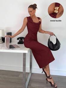 Siren Gaze 女士优雅不对称设计金属扣装饰连衣裙，鸡尾酒会连衣裙 - 酒紅色 - 查看 5