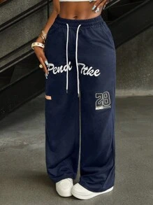 INAWLY 女性時尚休閑印花直筒運動褲 - 藏蓝色 - 查看 3