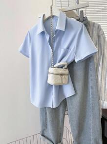 INAWLY Women's Solid Color Open Front Short Sleeve Casual Commuting Shirt, Summer - Baby Blue - View 1