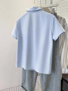 INAWLY Women's Solid Color Open Front Short Sleeve Casual Commuting Shirt, Summer - Baby Blue - View 2