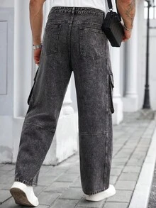 Manfinity Homme Quần Cargo Streetwear Nam có túi lớn và thiết kế đinh tán bằng đồng, vải denim đã giặt - màu đen - Xem 2