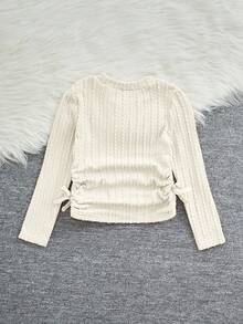 SHEIN Áo thun chui đầu cổ tròn tay dài họa tiết xoắn đơn giản cho bé gái có dây rút bên hông - Màu be - Xem 2