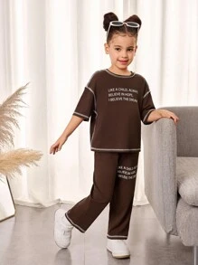 SHEIN Young Girl Knitted Letter Printed Loose Fit Round Neck Pullover T-Shirt And Knitted Leeging Set, Casual Everyday Wear, Great For Casual & Daily Wear & School Daily ,Suitable For Spring And Summer,Suitable For Girls Daily Wear - Brown - View 4