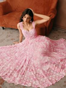 Savoree Women's Elegant Romantic Pink Floral Print 3D Flower Drawstring Waist A-Line Corset Off-The-Shoulder Dress