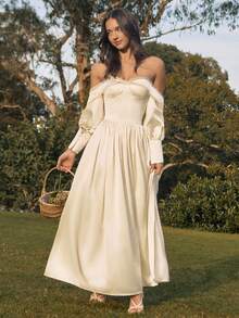 Savoree Lace Trim Off Shoulder Bandeau Sexy High Slit Bodycon Long Sleeve Dress