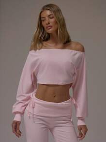 MUSERA Long Sleeve Off The Shoulder Cropped Cuffed Sleeve Top Casual Airport Loungewear Fall Elegant Spring Summer - Baby Pink - View 1
