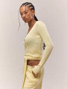 MUSERA 长袖深V裹身系带上衣，秋季复古乡村风，清新少女风，奶油黄/焦糖色，优雅假日风，春夏皆宜。 - 黃色 - 查看 2