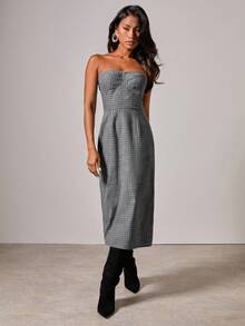 COSMINA 女士格子翻领长袖夹克和露肩连衣裙优雅两件套