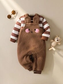 SHEIN 2 件女童秋冬装，条纹长袖上衣 + 可爱卡通毛茸茸围兜裤套装 - 棕色 - 查看 3