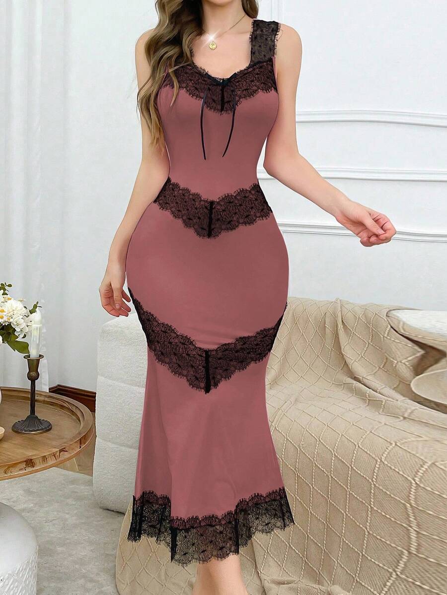 SHEIN Váy ngủ nữ ren chắp vá viền đuôi cá ôm sát cơ thể - Bụi hồng - Xem 1