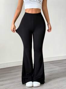 SHEIN EZwear 女式纯色休闲开衩紧身喇叭裤 - 黑色 - 查看 7