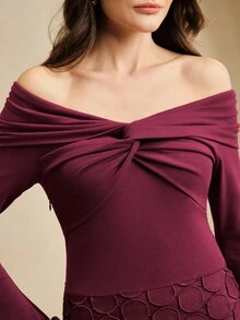 Anewsta 秋季新款女式酒红色露肩扭结长袖收腰荷叶边下摆连衣裙，优雅派对礼服，新年礼服，圣诞派对礼服 - 中紫紅色 - 查看 5