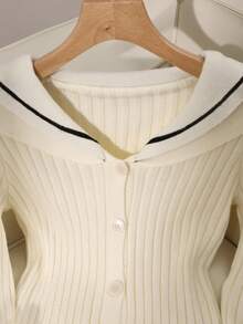 GlowEve 海军领杏色针织开衫，女款，秋冬 - 杏色 - 查看 5