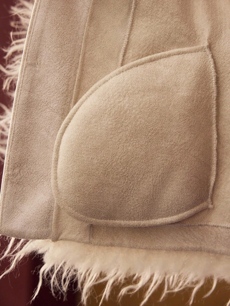 CONTRAST TRIM LONG SLEEVE FAUX FUR COAT