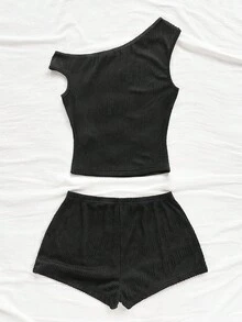 Soleia 女士纯色斜肩罗纹T恤和短裤休闲两件套 - 黑色 - 查看 2