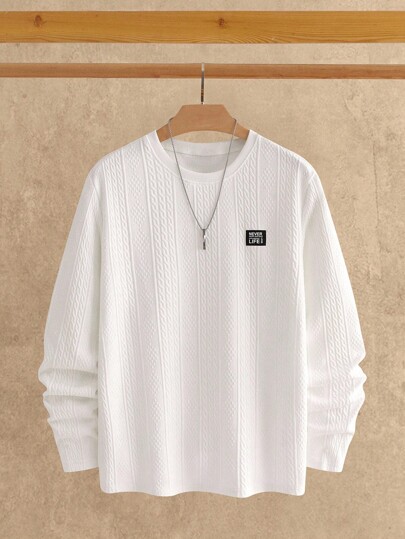 HIMLAND Men's Casual Jacquard Knit Crew Neck Long Sleeve Fitted T-Shirt, Suitable For Daily Wear, Men's Cable Knit Sweater, Textured Long Sleeve T-Shirt, Waffle Knit Pullover Men, White Crew Neck Sweater, Minimalist Knit Top, Long Sleeve Patch Detail Tee, Men's Solid Color Pullover, Textured Grid Shirt, Fall/Autumn Knitwear Men, Men's Textured Long Sleeve T-Shirt, White Cable Knit Crew Neck Pullover With Patch Detail Men Knit Tops Men Sweater Top Waffle Knit Long Sleeve Men Long Sleeve Tshirt Men Text