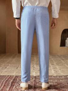 HIMLAND 男士休闲梭织竖条纹中腰锥形裤，适合日常穿着，非常适合夏季度假和沿海风格男士细条纹裤细条纹裤，秋季 - 藍白色 - 查看 7