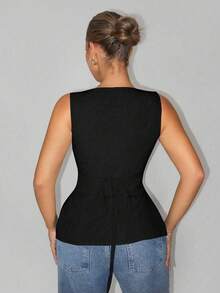 Sirith 女士性感优雅休闲深 V 领系腰袖开衫衬衫，适合日常旅行通勤 - 黑色 - 查看 2