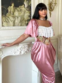 Lyrianda Vestido de cintura con estampado floral romántico vintage patchwork