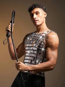 FeverCity Men's Silver Sequin Linked Fashionable Top, 2000s Style - Silver - View 3