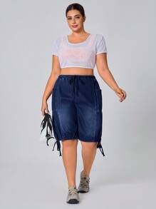 Flexra 大码夏季休闲水洗抽绳腰牛仔裤 - 藍色 - 查看 5