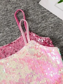 SHEIN 2pcs/Set Tween Girls' Casual Street Style Sequin Strap Tank Top - Pink - View 6
