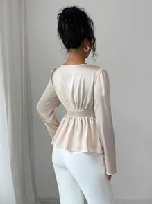 Elenzga Blusa elegante feminina de cetim com cintura marcada e manga comprida e gola redonda - Damasco - Ver 2