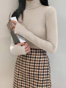 DAZY Áo thun nữ cổ lọ bó sát màu trơn thường ngày, áo dài tay thu/đông - Màu be - Xem 4