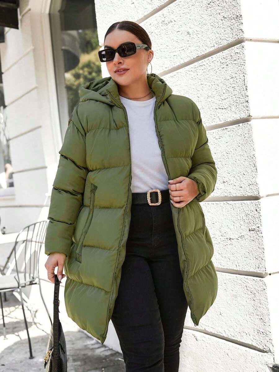 EURMUSE Plus Zip Up Hooded Puffer Coat, Winter - Army Green - View 1