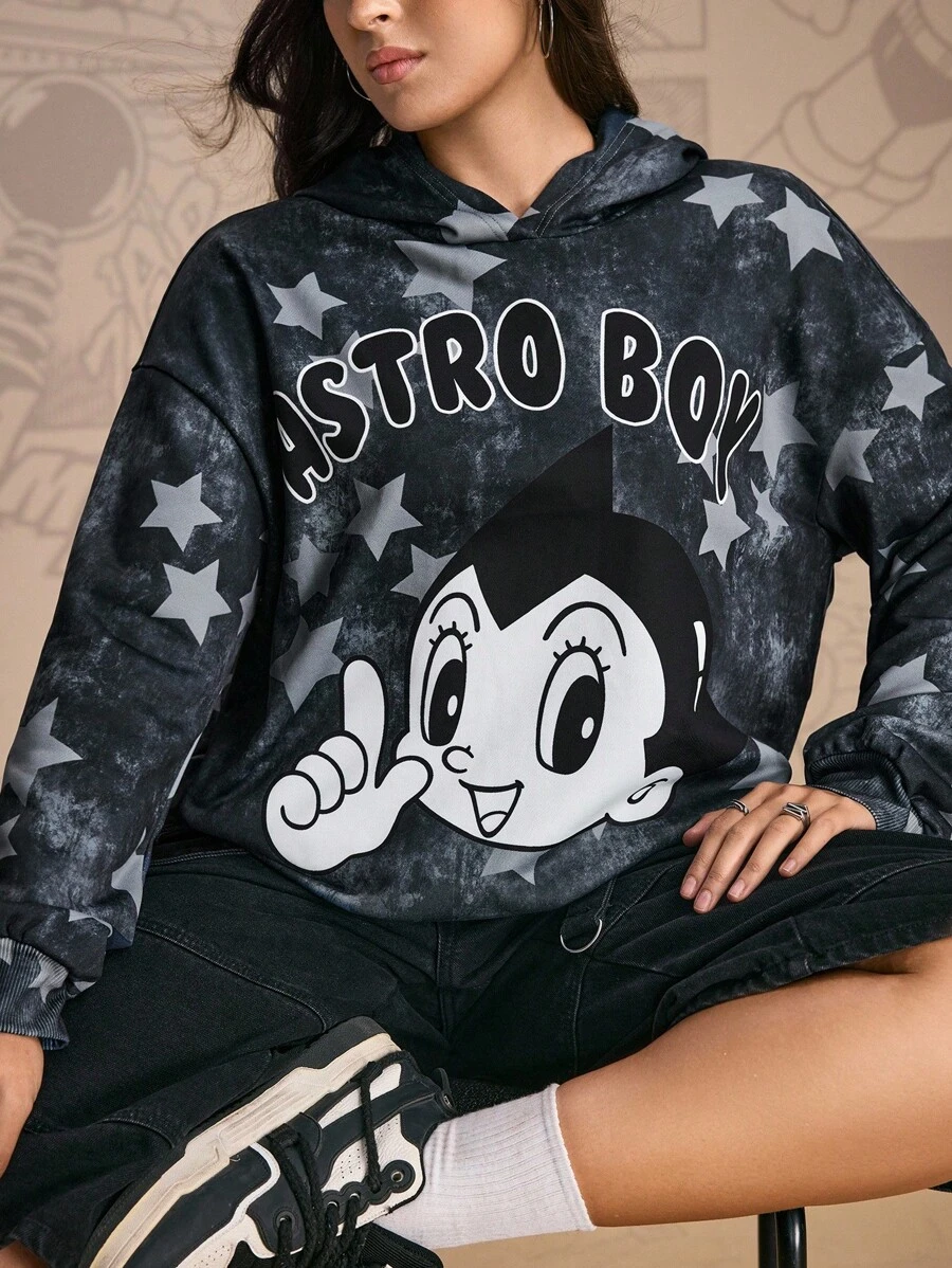 Astro Boy X SHEIN Plus Size Cartoon Figure Graphic Sweatshirt Women Graphic Sweatshirts Women Character Sweatshirts Star Print Sweatshirt Fall Women Winter Gym Tops Autumn - Dark Grey - View 1