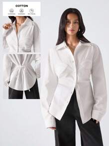 LYSMO 女式休闲纯色纽扣长袖衬衫 - 白色 - 查看 1