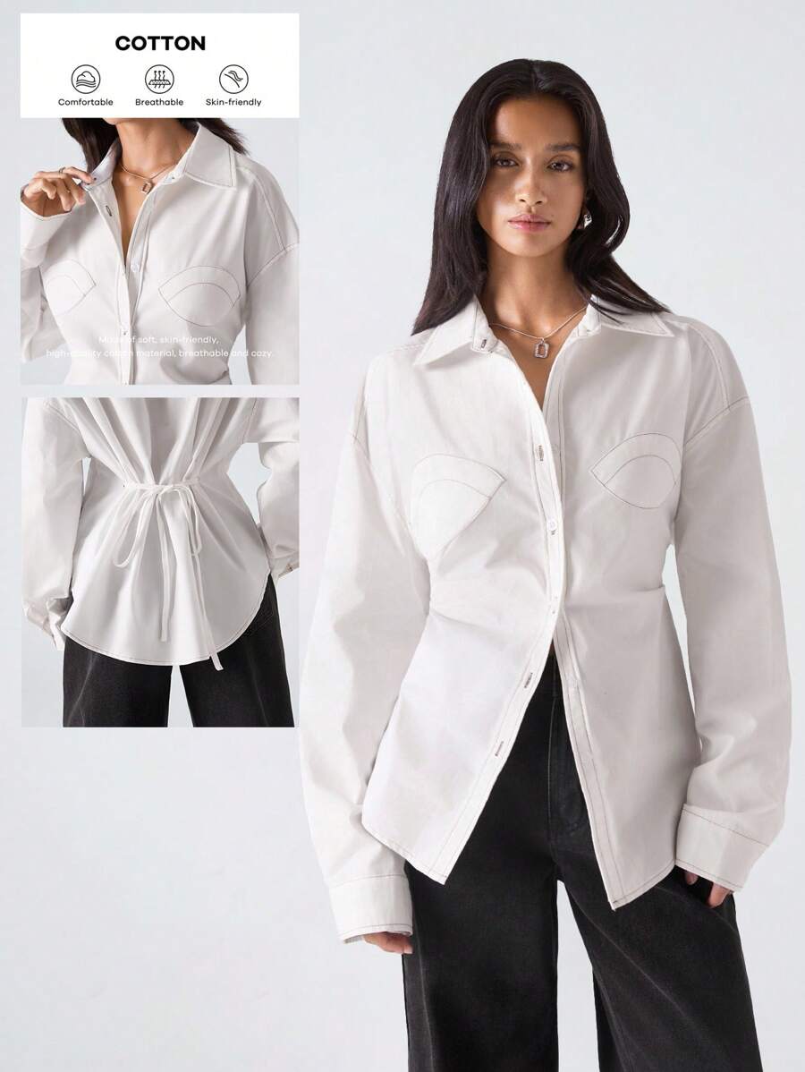 LYSMO 女式休闲纯色纽扣长袖衬衫 - 白色 - 查看 1