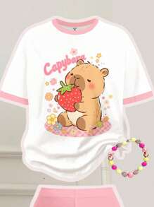 SHEIN Leap Crew 2 件套青少年女孩休闲草莓和水豚印花短袖圆领 T 恤搭配喇叭裤夏季套装 - 彩色 - 查看 3