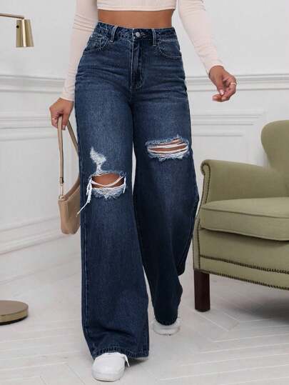 SHEIN Jeans dritti casual lavati e consumati