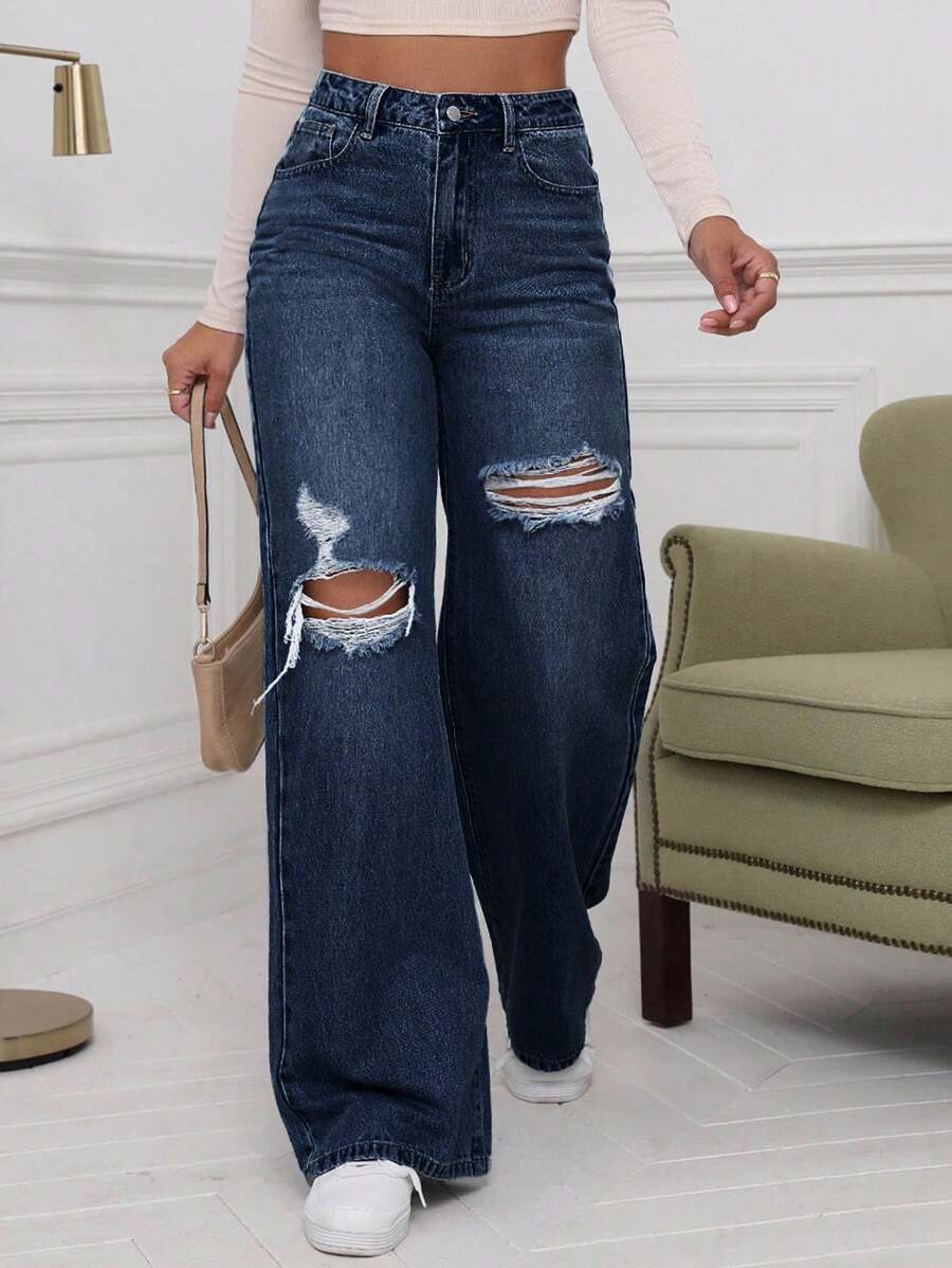 Casual Washed Distressed Straight Leg Jeans - Dark Wash - View 1