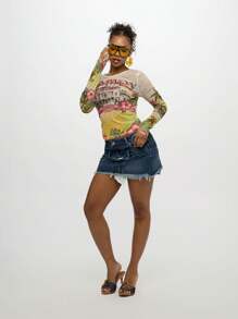 SUMWON WOMEN 夏威夷风情印花长袖网眼纽扣衬衫 花卉芙蓉海滩别墅夏季度假胜地棕榈系列轻盈飘逸热带岛屿上衣 - 彩色 - 查看 5