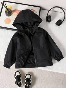 Tween Boy 休闲运动时尚连帽夹克，梭织面料，松紧袖口，前片拼接，宽松版型，舒适，适合春季、秋季、日常穿着、户外、聚会、拍照 - 黑色 - 查看 2
