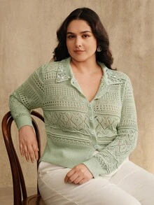 Anewsta Cardigan feminino plus size elegante com contas vazadas e ajustado, outono/inverno - Verde - Ver 2