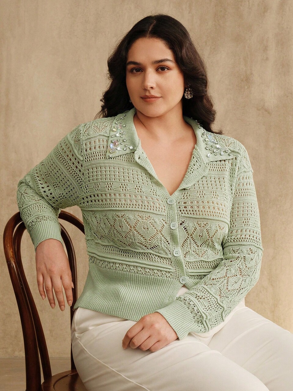 Plus Size Women Elegant Beaded Hollow Out Fitted Cardigan Sweater, Autumn/Winter Fall
