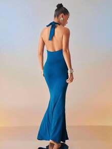 Hauture Sexy Summer Night Vacation Party Solid Ornament Hallow Out Cut Out Ruched Halter Maxi Dress - Blue - View 2