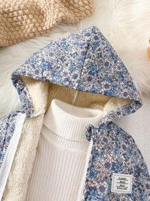 SHEIN Vintaside Kids 复古碎花连帽夹克，适合女婴，拉链开合，保暖内衬，休闲时尚冬季外套 - 彩色 - 查看 3