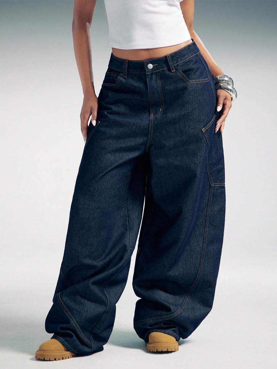 Denimoi Quần Jeans Denim Ống Rộng Túi Sau Quá Khổ Rộng Thùng Thình - Rửa tối - Xem 1