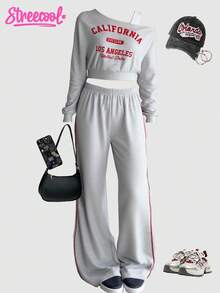 SHEIN Explorewe Conjunto de 2 piezas de sudadera con estampado de letras y correa para el hombro + pantalones deportivos casuales cómodos de contraste a rayas para adolescentes y niñas, versátil para uso diario en las 4 estaciones