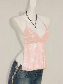 SHEIN ICON 女士 Y2K 性感花朵蕾丝露背吊带背心 - 粉色 - 查看 6