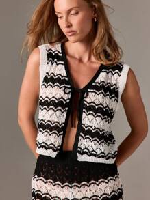 AiiRZ Knitted Wave Pattern Co-Ord Set Sleeveless Open Front Vest Wide Leg Pants Summer Resort Vacation Beach Pool Boho Bohemian Holiday Festival Fashion