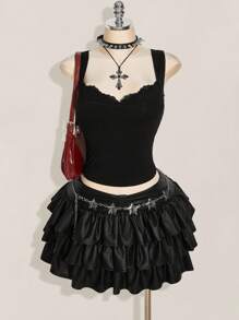 SHEIN ICON ICON 大码纯色女士休闲无袖上衣，适合夏季穿着，哥特风蕾丝边饰朋克风黑色上衣，锐舞风上衣 - 黑色 - 查看 8